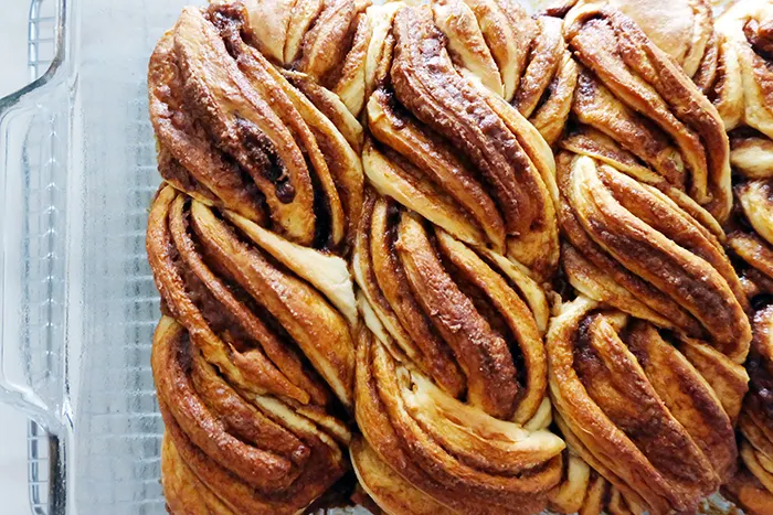 view of baked twisty cinnamon rolls from above