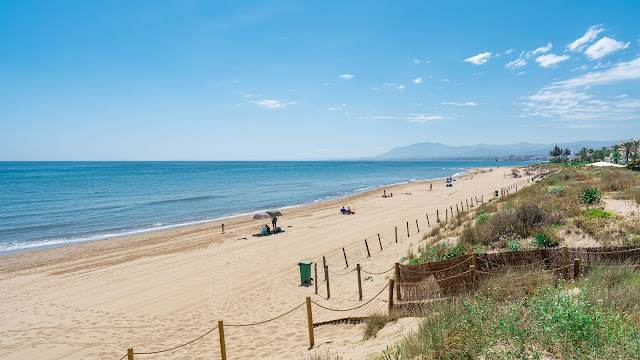 Playa con dunas de vegetación baja a su espalda, y las azules aguas del mar a su frente.