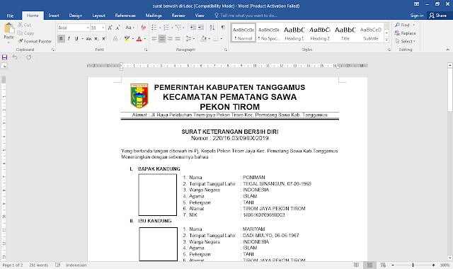 Format Surat Keterangan Bersih Diri (SKBD) 