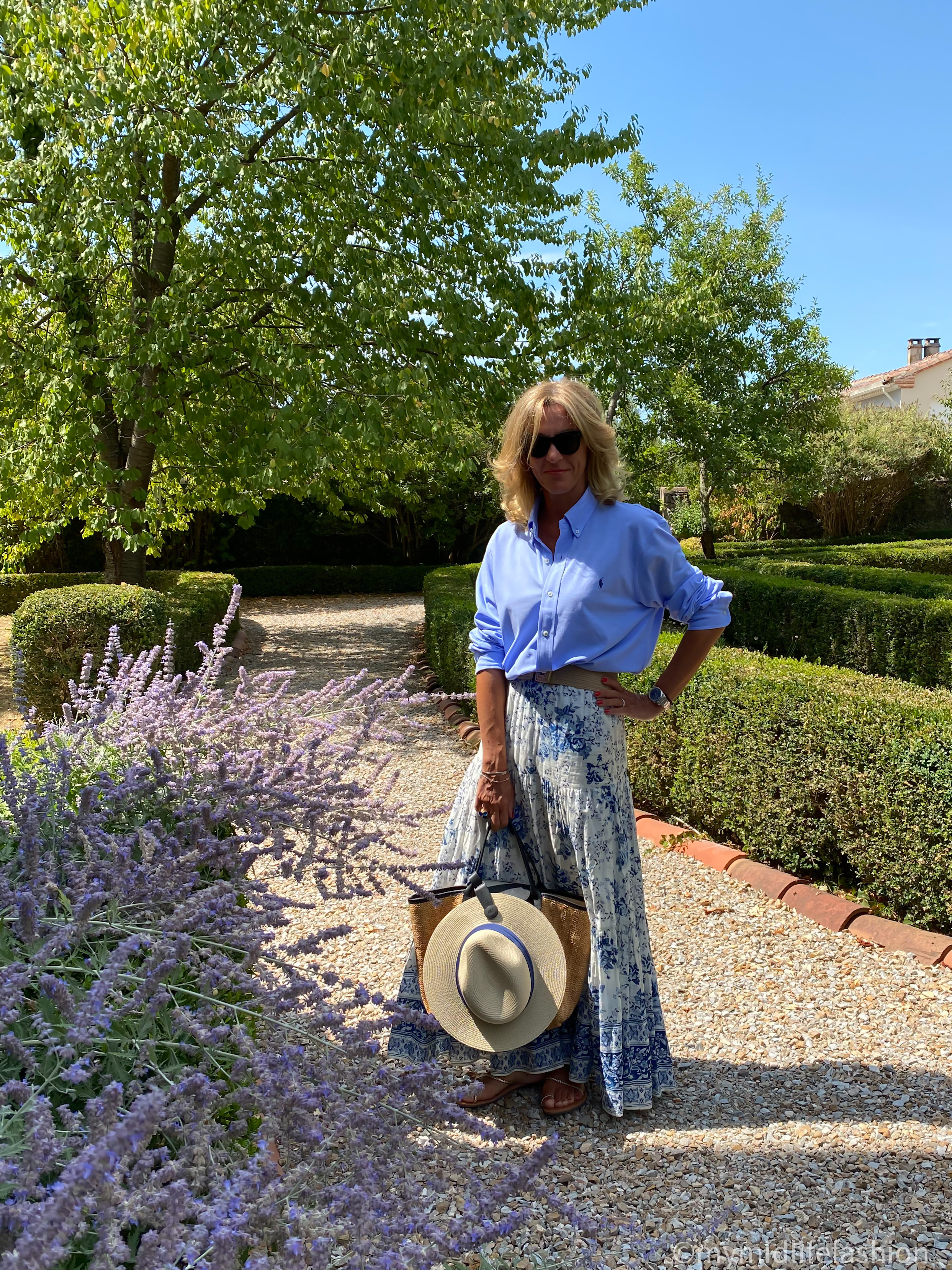 my midlife fashion, Ralph Lauren knit Oxford shirt, Zara jute belt, Zara floral maxi skirt, amazon Panama hat, klipstar hat clip, longchamp woven tote, speak out boutique gold metallic plaited flat sandals