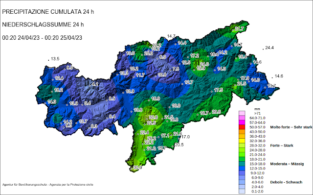 Sommatoria di precipitazione dal 24.04.2023 fino al  25.04.2023