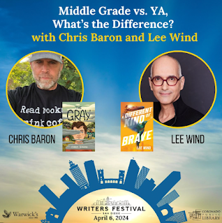 logo for "Middle Grade vs. YA: What's the Difference" session at the San Diego Writers Festival 2024, with Chris Baron (showing a photo of Chris and the cover of his middle grade book "The Gray" and Lee Wind (showing a photo of Lee and his young adult novel "A Different Kind of Brave")