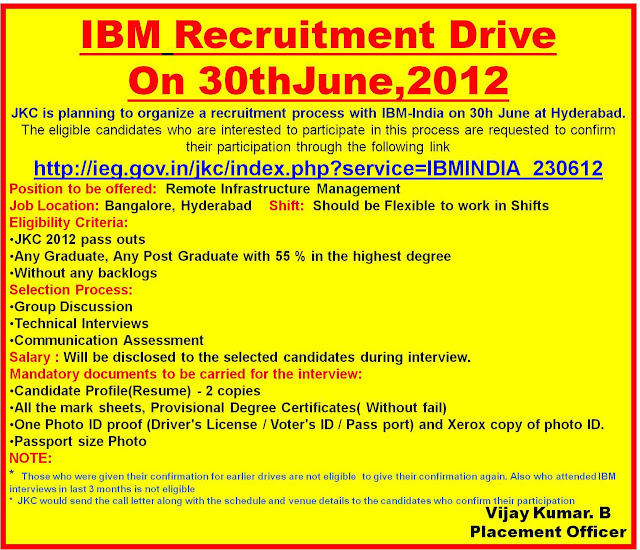 IBM recruitment drive for JKC 2012 students in Hyderabad