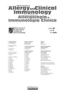 Giornale Italiano di Allergologia e Immunologia Clinica 2006-02 - Giugno 2006 | ISSN 1120-6373 | TRUE PDF | Trimestrale | Professionisti | Medicina | Salute | Allergologia | Immunologia
La rivista della Società Italiana di Allergologia, Asma e Immunologia Clinica (SIAAIC) ha progressivamente assunto un ruolo di primo piano nello scenario dell’aggiornamento dedicato alla vasta realtà delle malattie allergologiche ed immunologiche, che negli ultimi anni si stanno rivelando ad alto impatto clinico e sociale.
Dal 2012 ha preso il nome di Review of Allergy and Clinical Immunology ed è edita solo in lingua inglese.