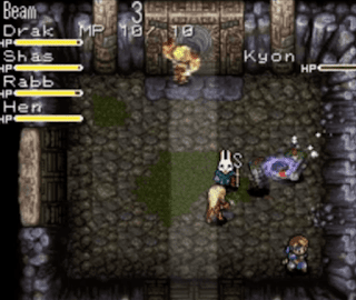 Beam  Drak mostly full health  Shas mostly full health  Hen full health  3  MP 10/10  Kyon  Health zero.  Shows rabbit style of like wizard with blonde hair man below him and also another man with brown hair with knight geasr on and blonde hair guy near the top in a cave area