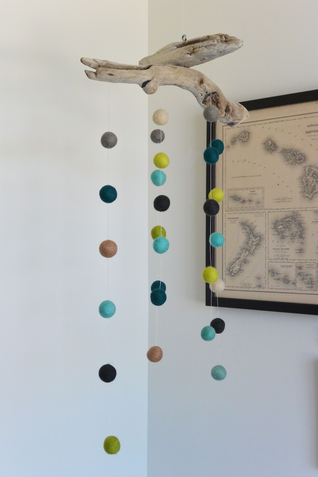 Diy Driftwood And Felt Ball Mobile Stripes And Whimsy