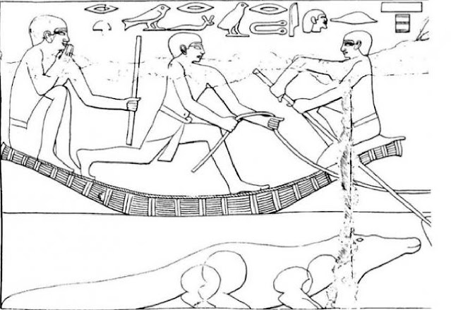 Переход через реку со стадами. Рисунок сцены из гробницы Анхмахора, визиря царю Тети, Старое царство (~ 2330 г. до н.э.)