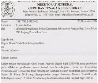 Surat Edaran Dirjen GTK Mengenai Informasi Pengiriman Berkas Kesetaraan Jabatan Serta Pangkat Guru Non PNS Tahun 2017