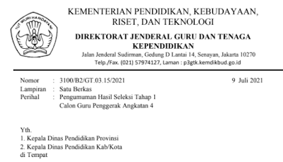 Pengumuman hasil Seleksi Tahap 1 Calon Guru Penggerak (CGP) Angkatan 4