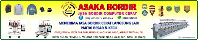 jasa bordir komputer untuk berbagai keperluan seperti : Bordir nama, bordir kaos, bordir handuk, bordir rompi, bordir wearpack, bordir tas, bordir logo, bordir patch emblem, bordir ulos, bordir 