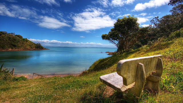 Nature Wallpapers, Wooden Bench, Beautiful Views, Green Hills, Sea Wallpapers, Nature Views, Sea Views, 1600x900, 
