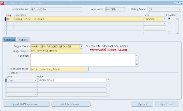 Form Personalization : Calling PL/SQL Procedure