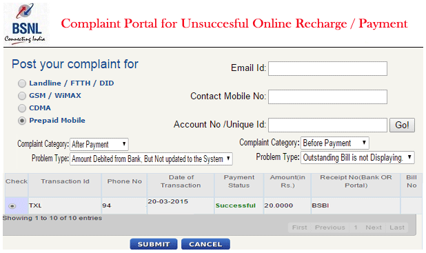 BSNL Online Complaint Portal for Unsuccesful Recharge / Payments