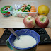 Simple boring breakfast, lunch and snacks in office