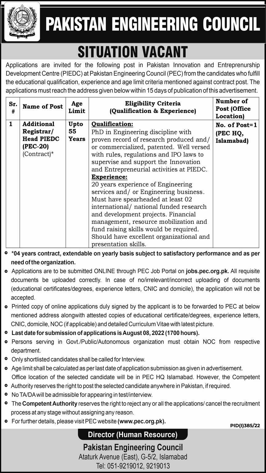 Latest Pakistan Engineering Council Management Posts Islamabad 2022