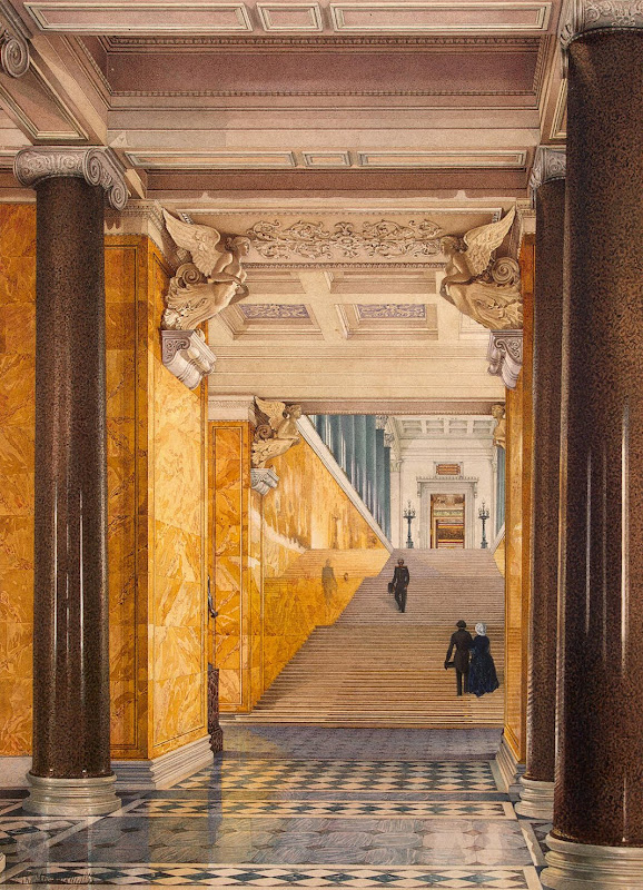 Interiors of the New Hermitage. The Main Staircase and the Vestibule by Konstantin Andreyevich Ukhtomsky - Architecture, Interiors Drawings from Hermitage Museum