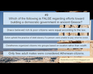 Which of the following is FALSE regarding efforts toward building a democratic government in ancient Greece? Answer choices include: Draco believed rich & poor citizens were equal according to the law. Solon upheld the practice of debt slavery if a person were unable to pay what he owed. Cleisthenes organized citizens into groups based on location rather than wealth. Only free adult males were considered Athenean citizens.