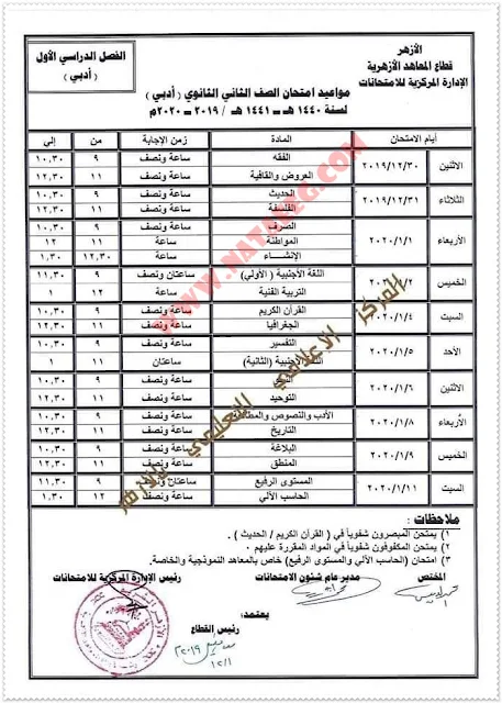 جدول امتحانات الازهر الشريف ( نصف العام ) المرحلة الابتدائية والاعدادية والثانوية الازهرية 