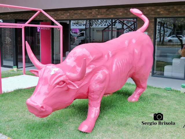 Close-up da Escultura Pink Charging Bull na Vila Olímpia