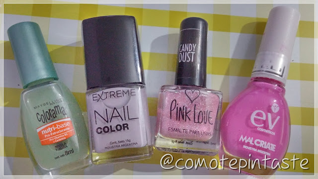 colorama nutri base, extreme farmacity grey shadow, pink love, candy dust, esencia vital, aleli