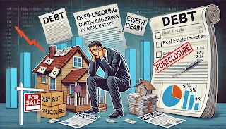 A stressed investor surrounded by debt notices, a house with a foreclosure sign, and a financial chart showing excessive loans—highlighting the risks of taking on too much debt in property investment.