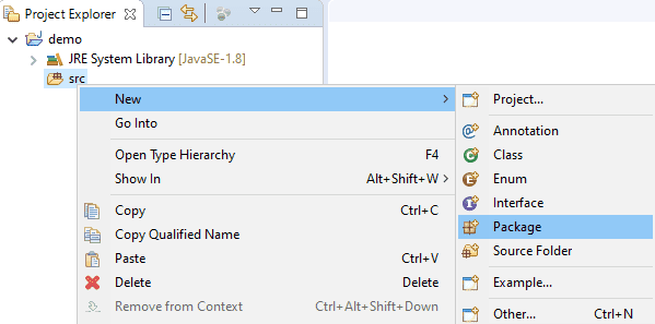 right-click on the source folder and select new and then package