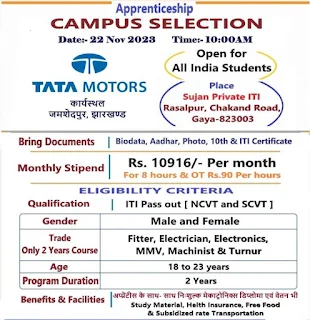 Tata Motors Jamshedpur, Jharkhand ITI Apprentice Campus Placement Drive at Sujan ITI Gaya, Bihar | Open for All India Students