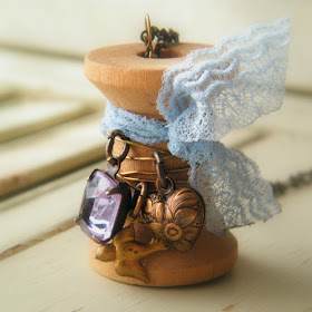 vintgae wooden spool jeweled necklace shabby chic jewelry