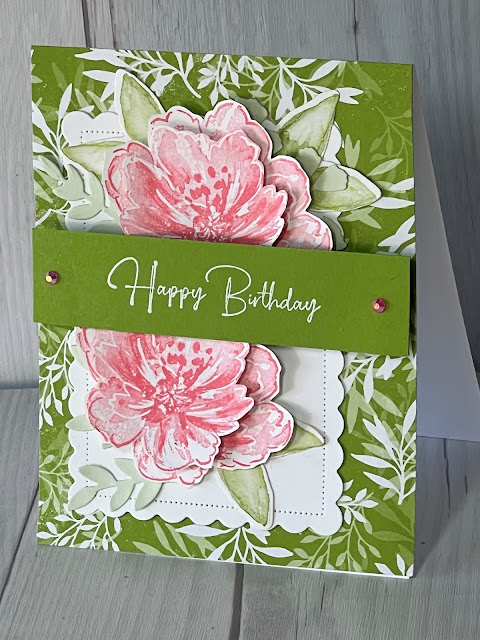 Floral Birthday Card with Flirty Flamingo Flowers and a Granny Apply Green Background created using Stampin' Up! Flowing Flowers Stamp Set
