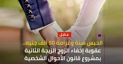 الحبس سنة وغرامة 50 ألف جنيه.. عقوبة إخفاء الزوج الزيجة الثانية بمشروع قانون الأحوال الشخصية