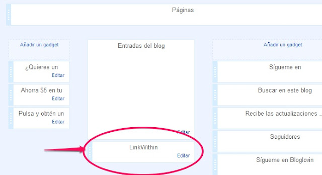Pantalla de disposición de gadgets de Blogger