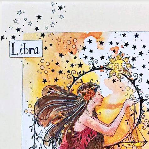 A Libra art journal spread with Pink Inks Astrology stamps - project idea by Lou Sims