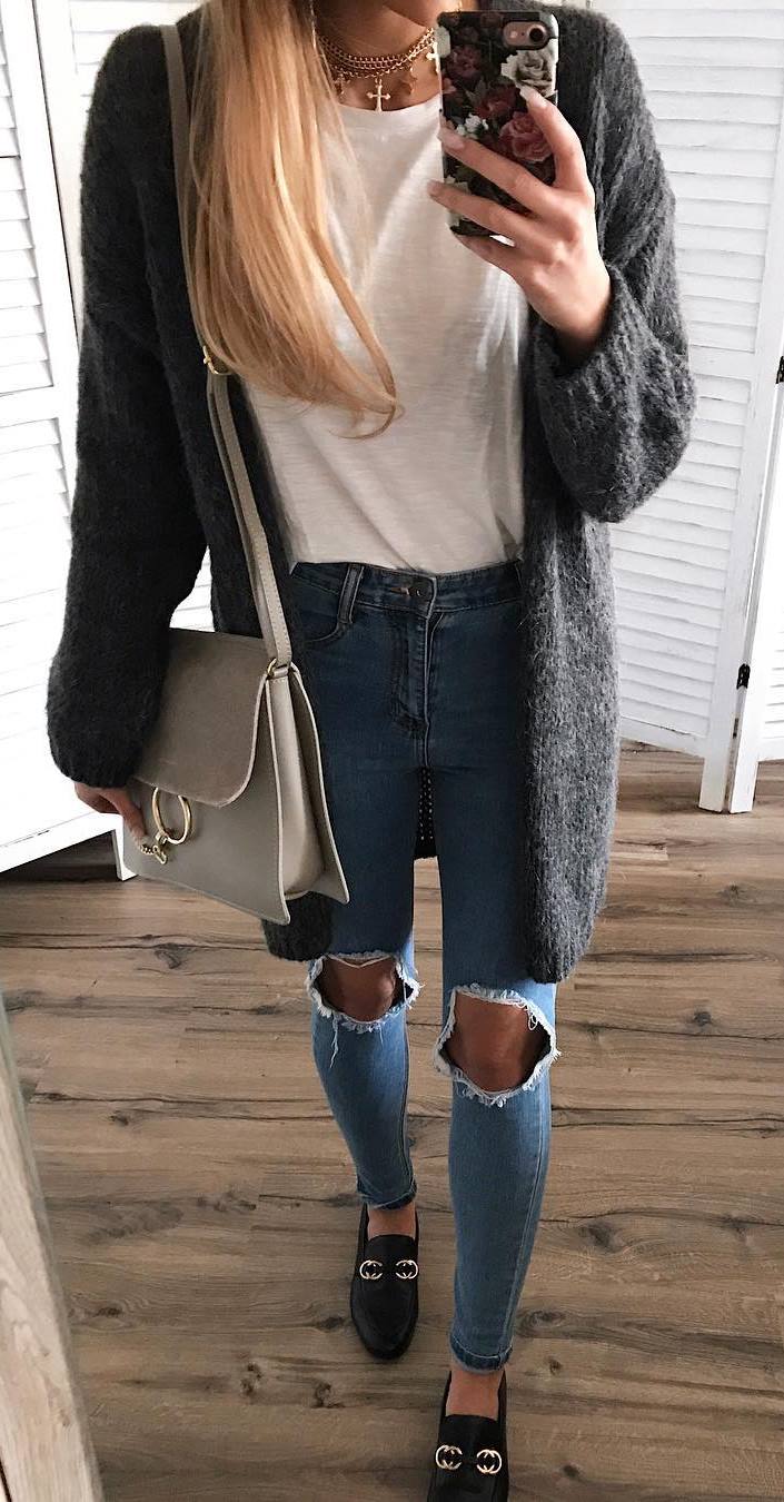 what to wear with a cardigan : bag + t-shirt + ripped jeans + loafers