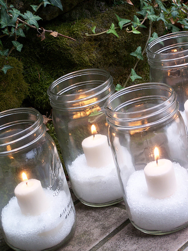 All you need are your mason jars Epsom Salt and white votive candles