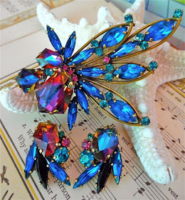 Image showing a Weiss jewellery geliotrope watermelon brooch and earring set in blue and orange colours.