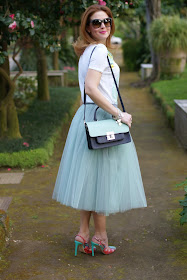 midi tulle skirt, mint tulle skirt, mint slingback heels, Fashion and Cookies, fashion blogger