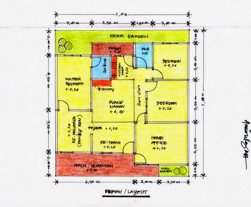 Denah Rumah Sederhana Ukuran 11 x 11 dengan 3 Kamar Tidur