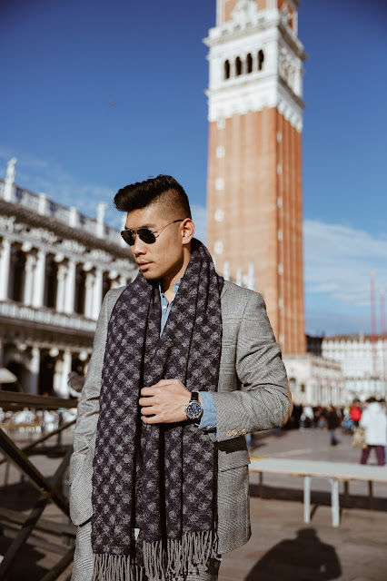 Leo Chan wearing Hart Schaffner Marx Suit on Vacation in Venice, Acne Scarf, Common Project Sneakers | Asian Male Model and Blogger