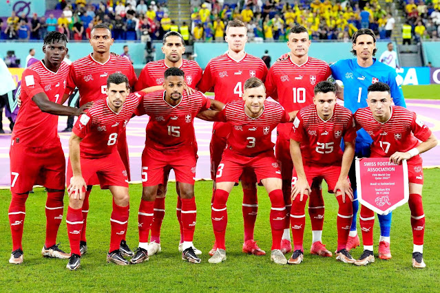 SELECCIÓN DE SUIZA. Temporada 2022-23. Breel Embolo, Manuel Akanji, Ricardo Rodriguez, Nico Elvedi, Granit Xhaka, Yann Sommer. Remo Freuler, Djibril Sow, Silvan Widmer, Fabian Rieder, Ruben Vargas. SELECCIÓN DE BRASIL 1 SELECCIÓN DE SUIZA 0 Lunes 28//11/2022, 17:00 horas. XXII Copa Mundial de fútbol de la FIFA Catar 2022, fase de grupos, Grupo G, jornada 2. Doha, Catar, estadio 974: 43.649 espectadores. GOLES: ⚽1-0: 83’, Casemiro.