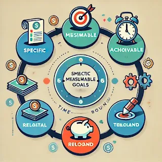 SMART financial goals framework visual representation showing Specific, Measurable, Achievable, Relevant, and Time-bound steps with icons for saving, time, and goal setting.