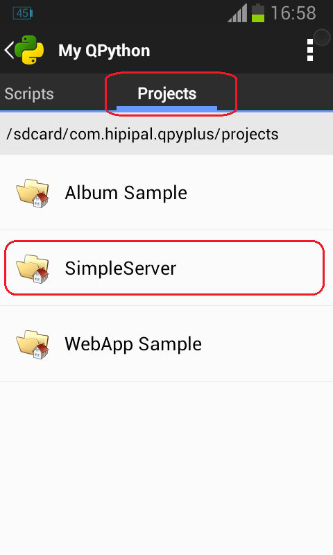 QPython - Project - SimpleServer