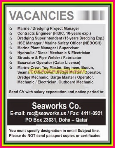 Seaworks co Marine Job Vacancies for Qatar
