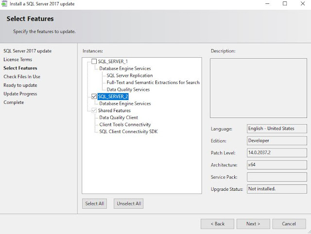 Select SQL Server Installation to update