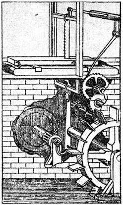 Водяная лесопилка 1607 г. Натянутая ленточная пила двигается сверку вниз и распиливает доски.