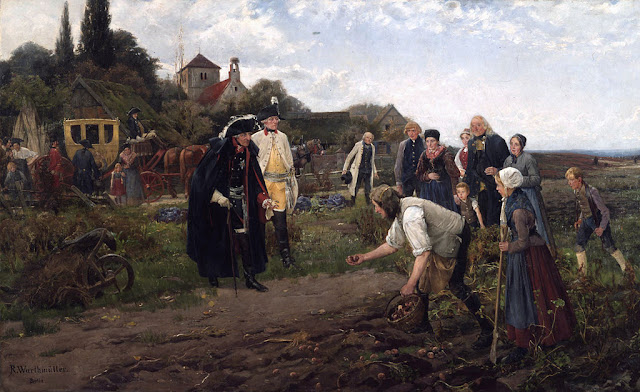 Federico II de Prusia inspeccionando cultivo patatas