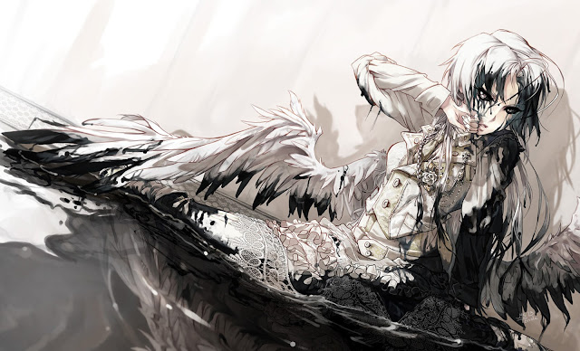   Angel wings black monochrome wings Female Girl anime hd wallpaper desktop pc background a114 