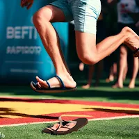 Person hopping with one foot in a flip flop and the other barefoot during the Flip Flop Relay at Bettropics Sports event.