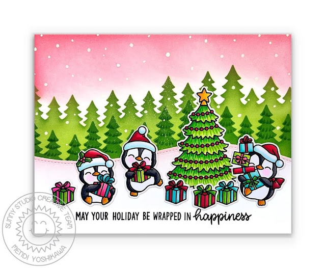 Sunny Studio Wrapped in Happiness Holiday Tree Card (using Penguin Party, Cozy Christmas Stamps, Forest Trees Stencils, Slimline Nature Border Dies)