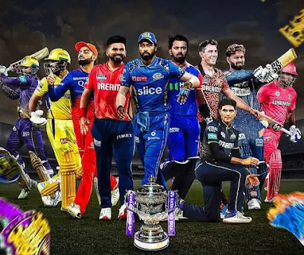 MI, CSK, GT players with IPL 2025 trophy in stadium with fireworks