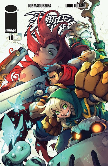Battle Chasers comic cover, artwork by Joe Madureira featuring the main characters Gully, Red Monika, Calibretto, Knolan and Garrison in a hero pose